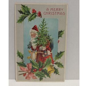 Antique Christmas Postcard Santa Claus Holding a Christmas Tree Germany
